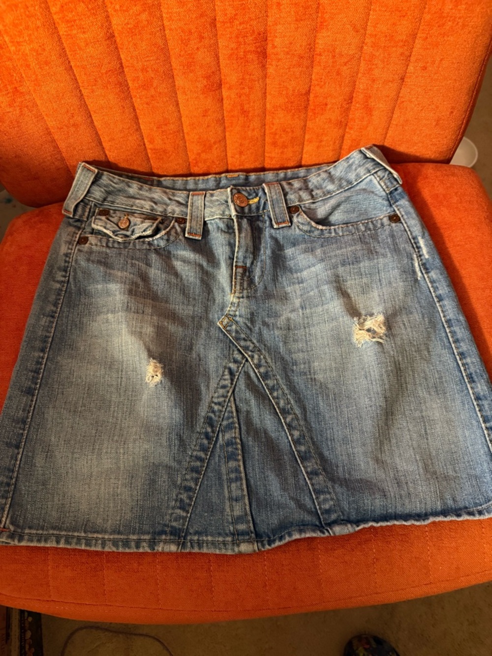 True Religion Distressed Light Blue Denim Joey Mini Skirt